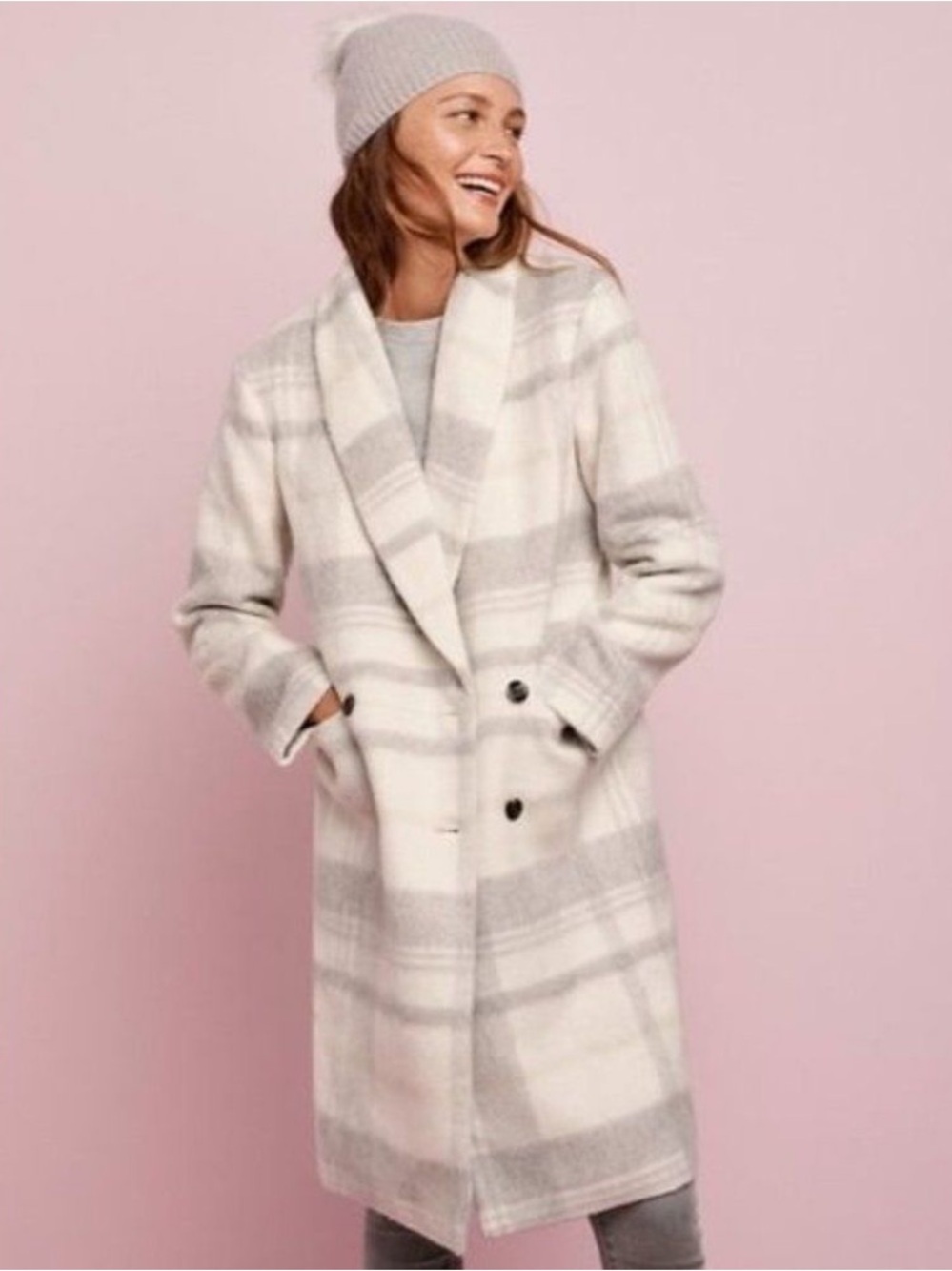 NEW Ann Taylor Plaid Cocoon Double-Breasted Plaid Long Coat Wool Size Medium